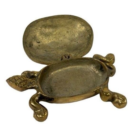 Solid Brass Turtle Trinket Jewelry Box Ashtray Hinged Lid Antique Vintage MCM - Picture 8 of 11